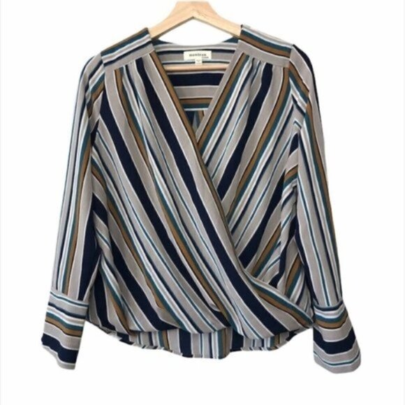 Boutique Monteau Colorful Stripe Faux Wrap Surplice Long Sleeve Top M - Picture 1 of 7